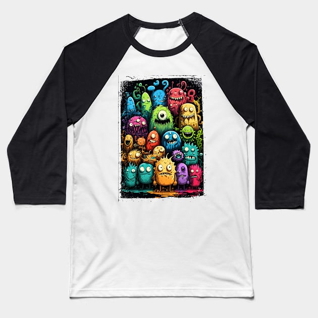 Colorful and Funny Monsters in Neon Watercolor Doodle Art Style Baseball T-Shirt by ToySenTao